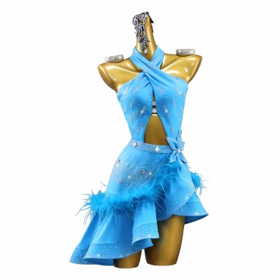 Custom size competition turquoise feather latin dance dresses for kids girls juvenile halter neck stage performance salsa dancing skirts